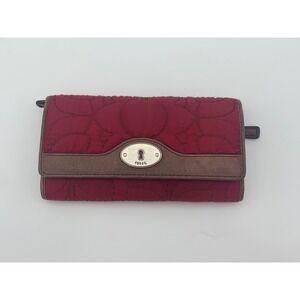 Fossil Key-Per Trifold Wallet Red Quilted Nylon Brown Leather Trim SL3212